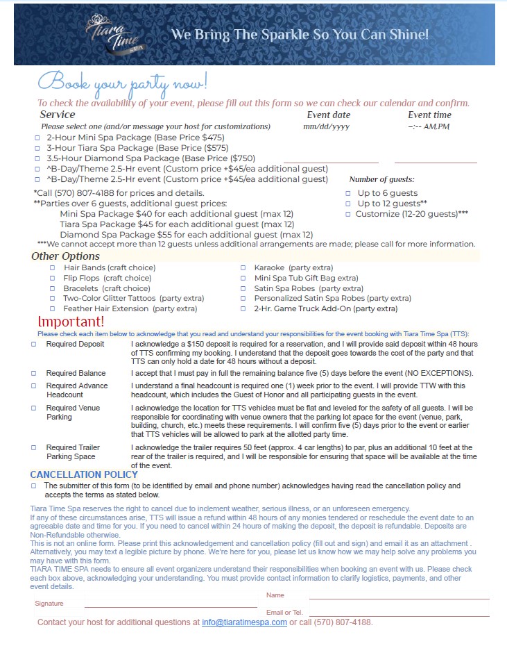 Tiara Time Spa Booking Form